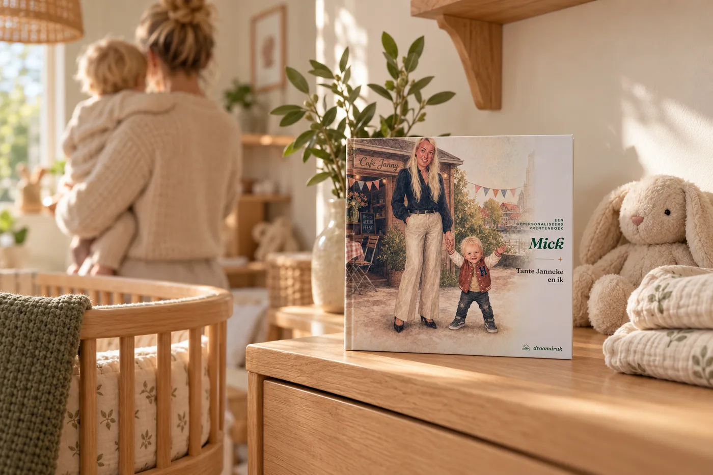 Een gedrukt DroomDruk-boek staat op de commode in een babykamer, naast een knuffelkonijn en een stapel hydrofiele doeken; op de achtergrond staat een moeder met haar kindje bij het raam