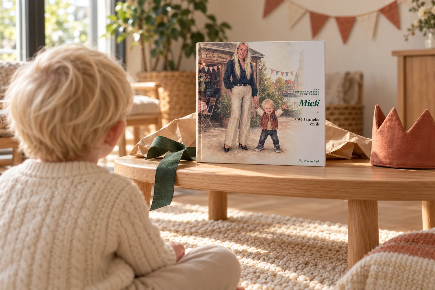 Een jongetje zit op het vloerkleed voor de salontafel en kijkt naar zijn eigen boek, dat rechtop tussen het cadeaupapier staat; boven hem hangt een slinger en naast hem ligt een kroontje