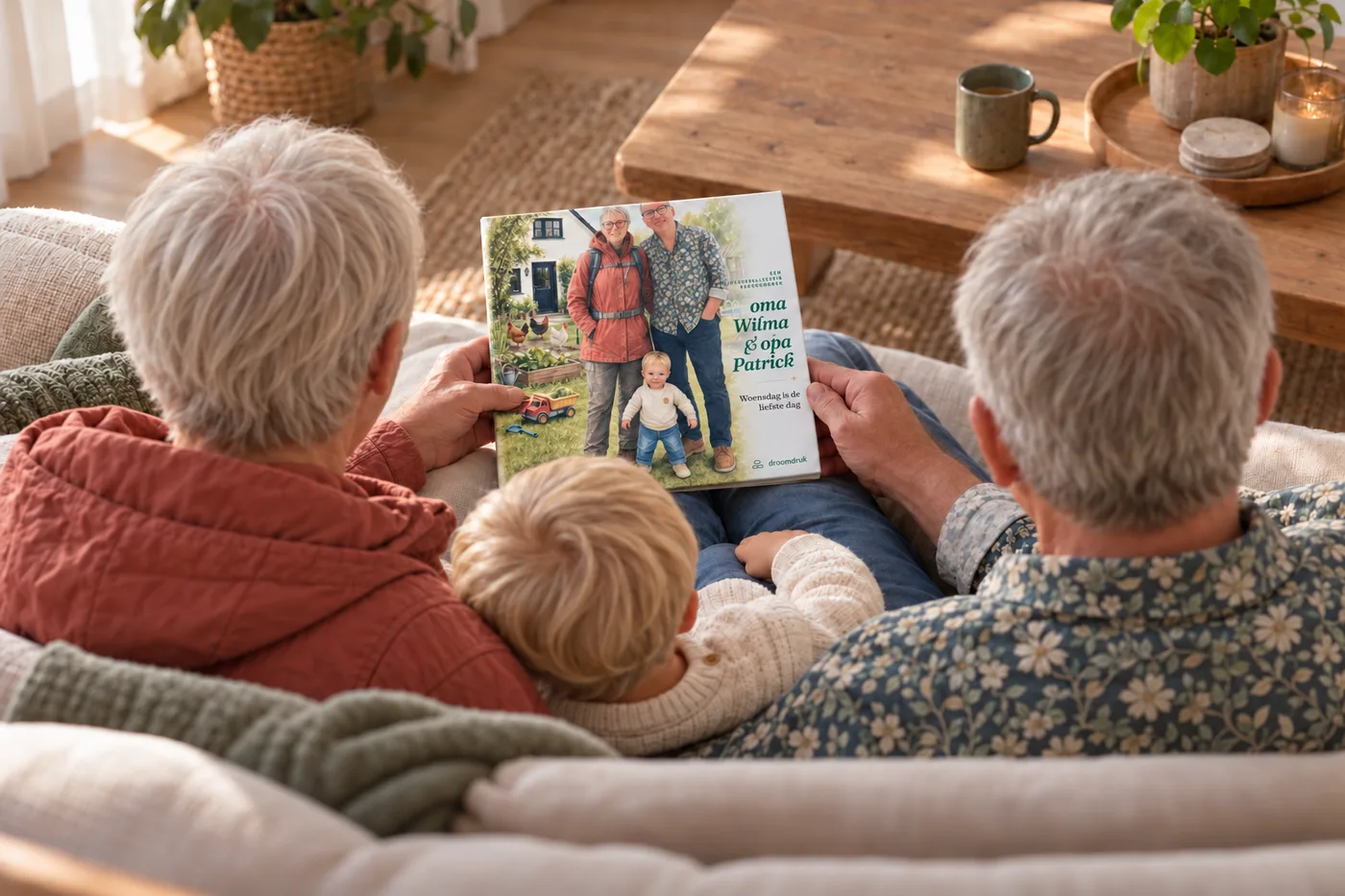 Oma en opa zitten samen op de bank met hun kleinzoon tussen hen in en lezen het boek "oma Wilma & opa Patrick"