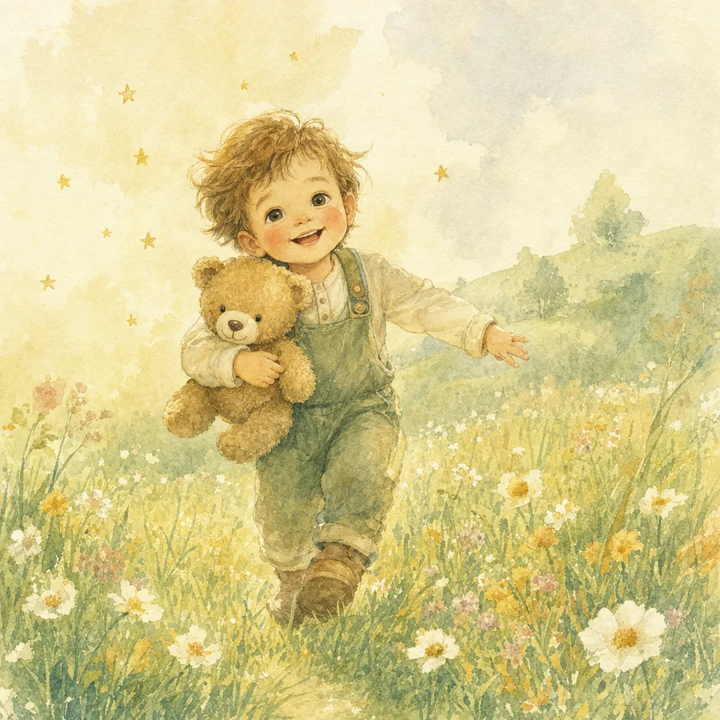 Voorleesboek met naam: aquarel-illustratie van een kind met zijn knuffelbeer in een bloemenveld