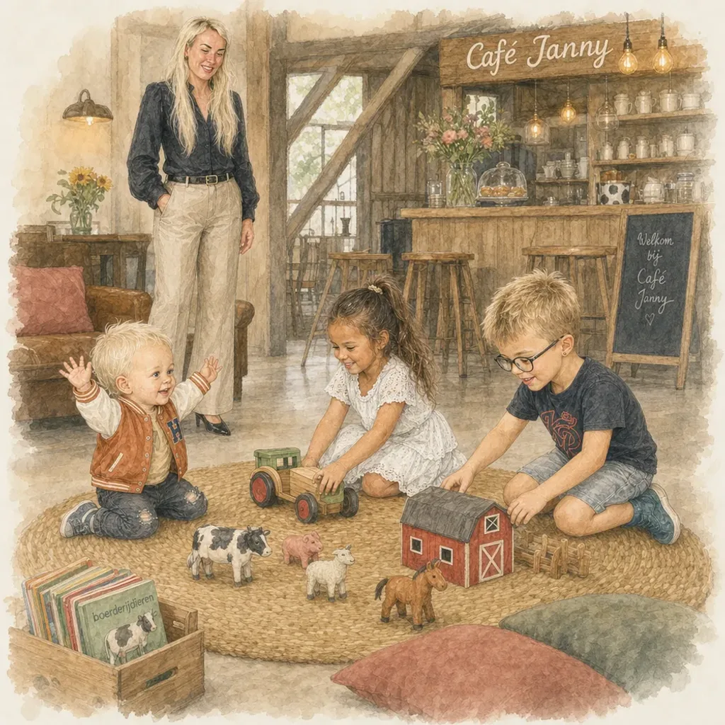 Aquarel van kinderen die samen op een kleed spelen, met houten dieren en een rode schuur.