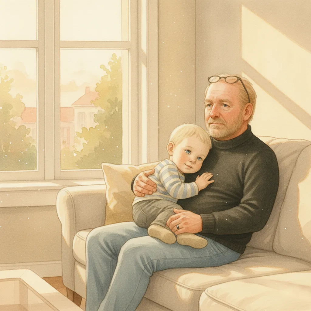 Aquarelscène uit een DroomDruk-boek: opa zit op de bank bij het raam met zijn kleinzoon op schoot