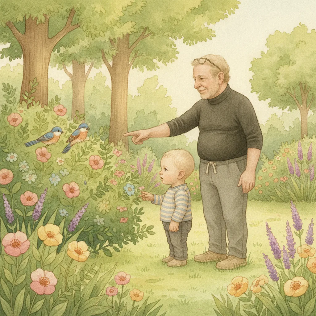Aquarel van twee kinderen samen buiten in een tuin, tussen de planten en de vogels.