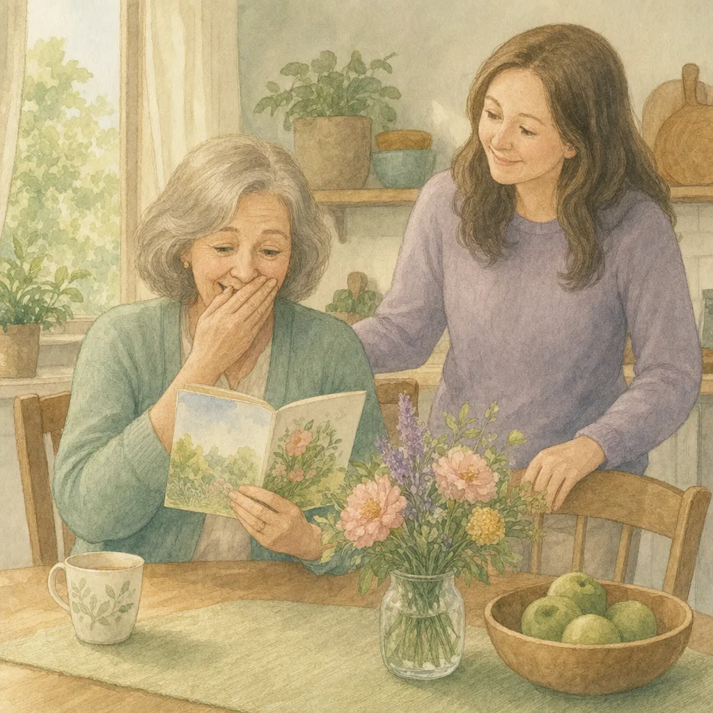 Aquarelillustratie in DroomDruk-stijl: een vrouw slaat haar hand voor haar mond van blijdschap terwijl ze een prentenboek leest