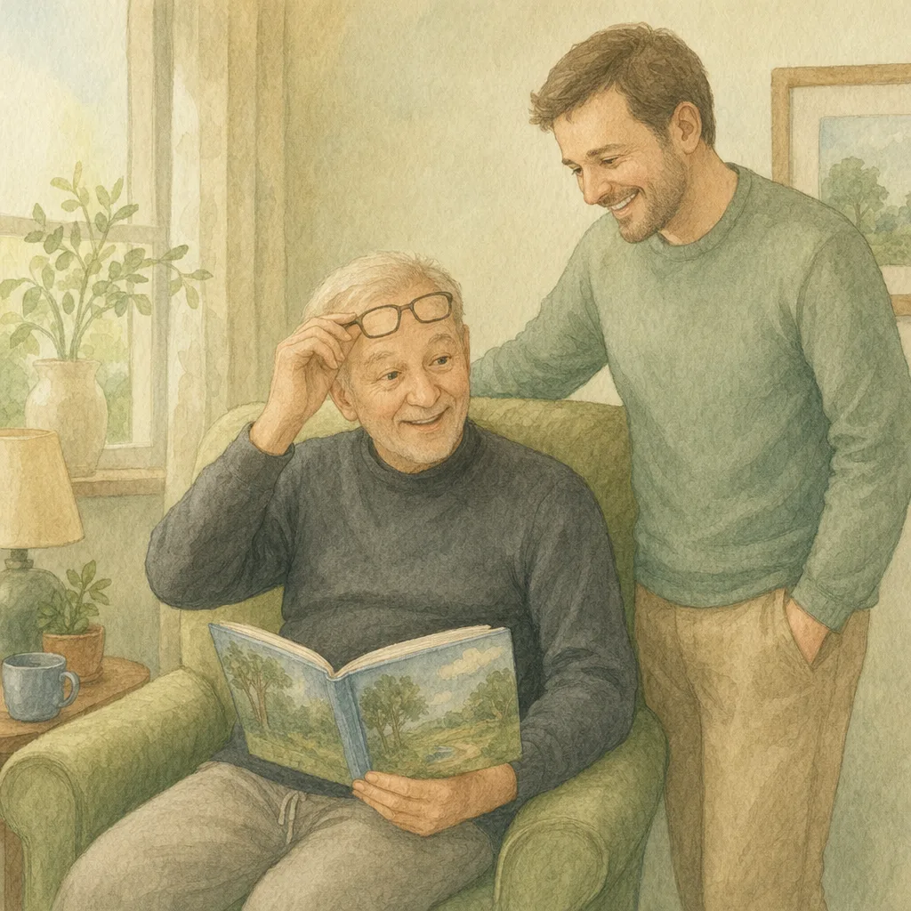 Aquarelillustratie in DroomDruk-stijl: een man in zijn zestiger jaren zet zijn leesbril recht en kijkt ontroerd op van een boek