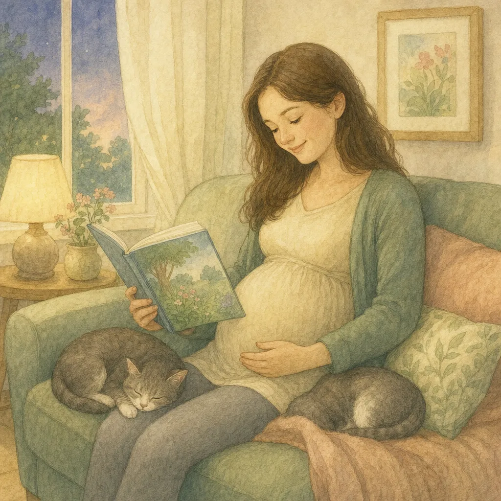 Aquarelillustratie in DroomDruk-stijl: een zwangere vrouw leest voor aan haar buik, met een kat naast haar op de bank