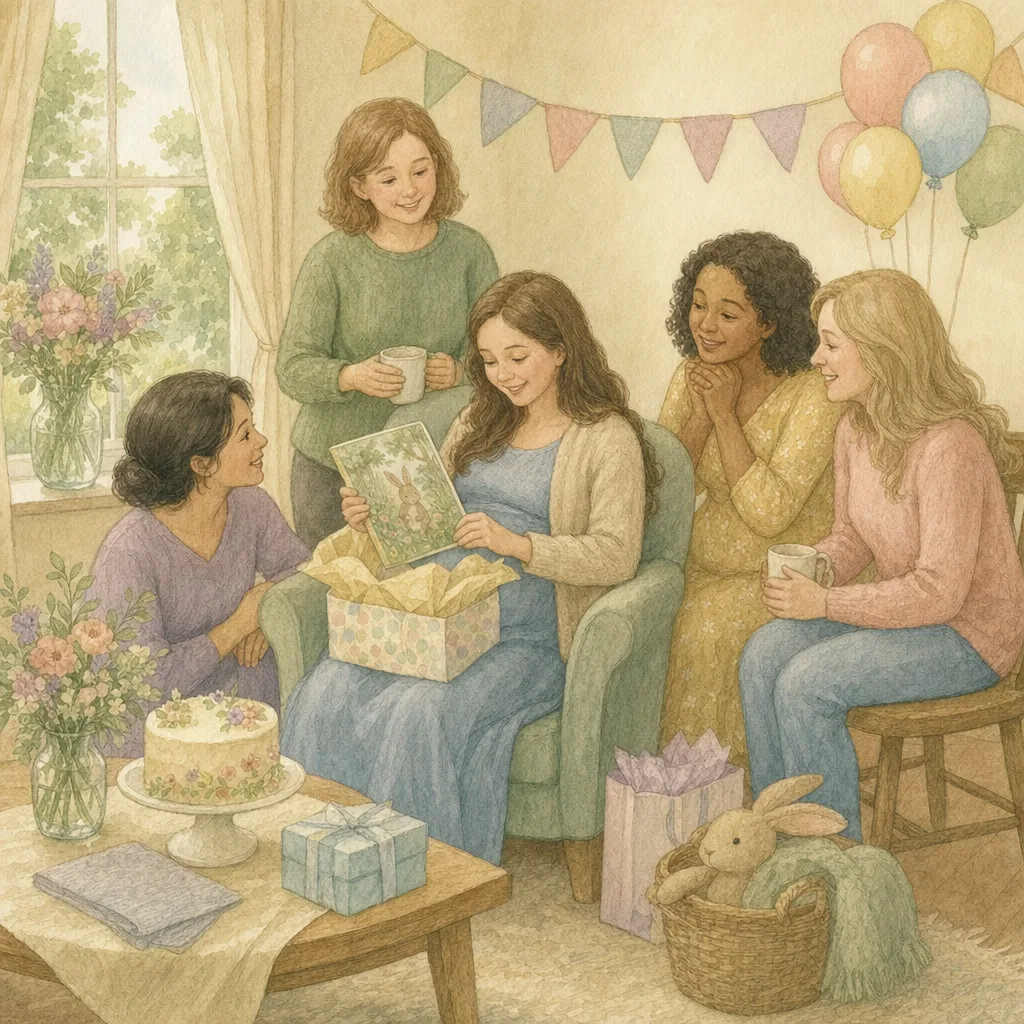 Aquarelillustratie in DroomDruk-stijl: vriendinnen zitten rond een zwangere vrouw die een ingepakt boek openmaakt op een babyshower