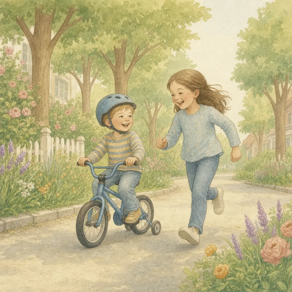 Aquarelillustratie in DroomDruk-stijl: een grote zus leert haar kleine broertje fietsen in een rustige straat