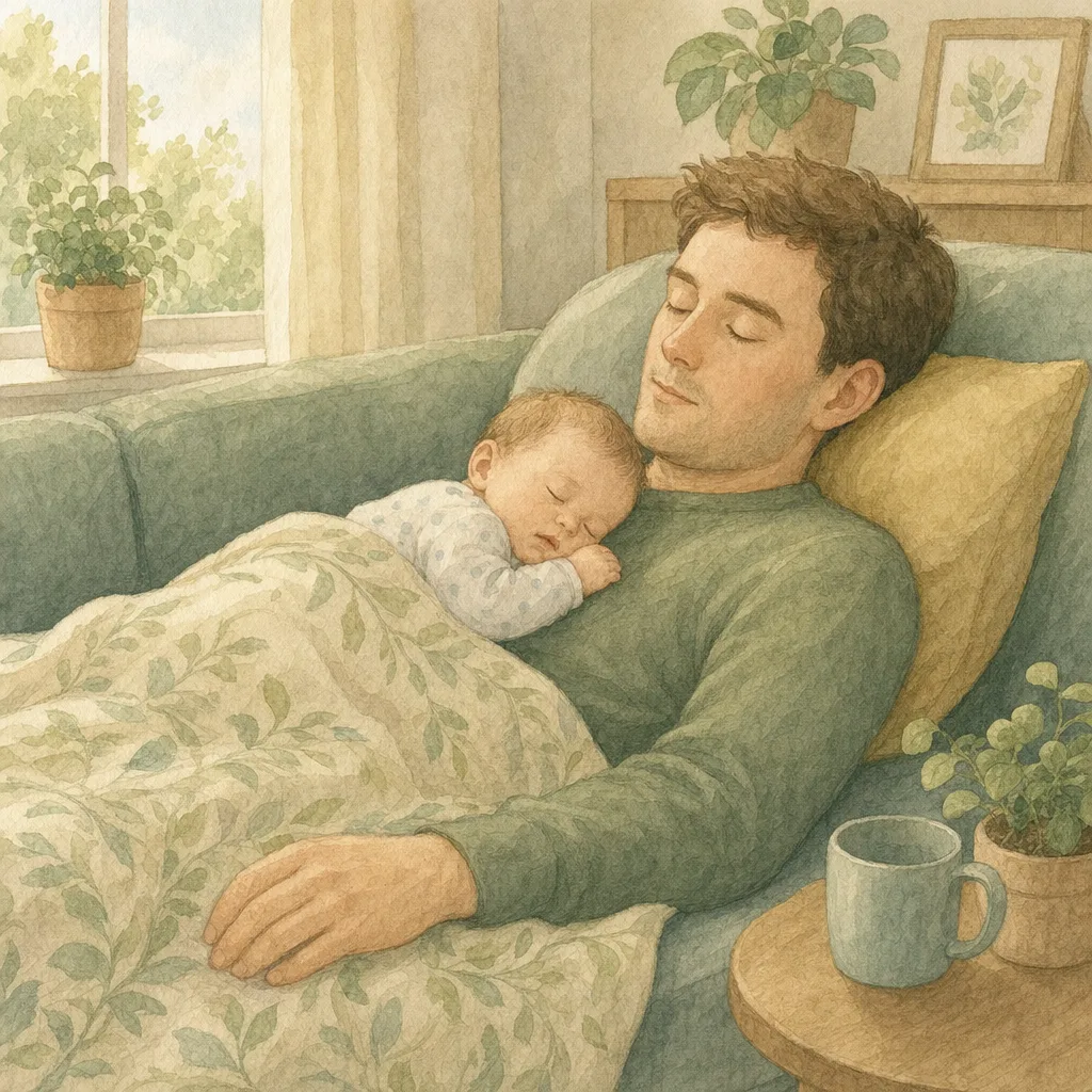 Aquarelillustratie in DroomDruk-stijl: een jonge vader slaapt op de bank met zijn pasgeboren baby op zijn borst