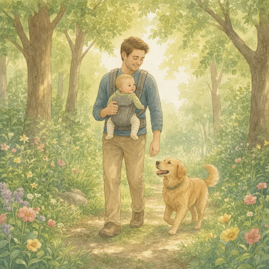 Aquarelillustratie in DroomDruk-stijl: een vader wandelt met zijn baby in een draagzak door het bos met de hond ernaast
