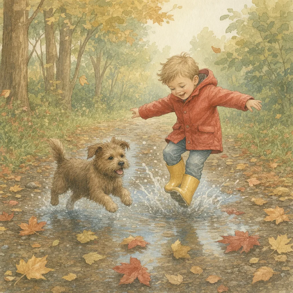 Aquarelillustratie in DroomDruk-stijl: een jongen met een rode regenjas en zijn hond springen samen in een grote plas in het bos