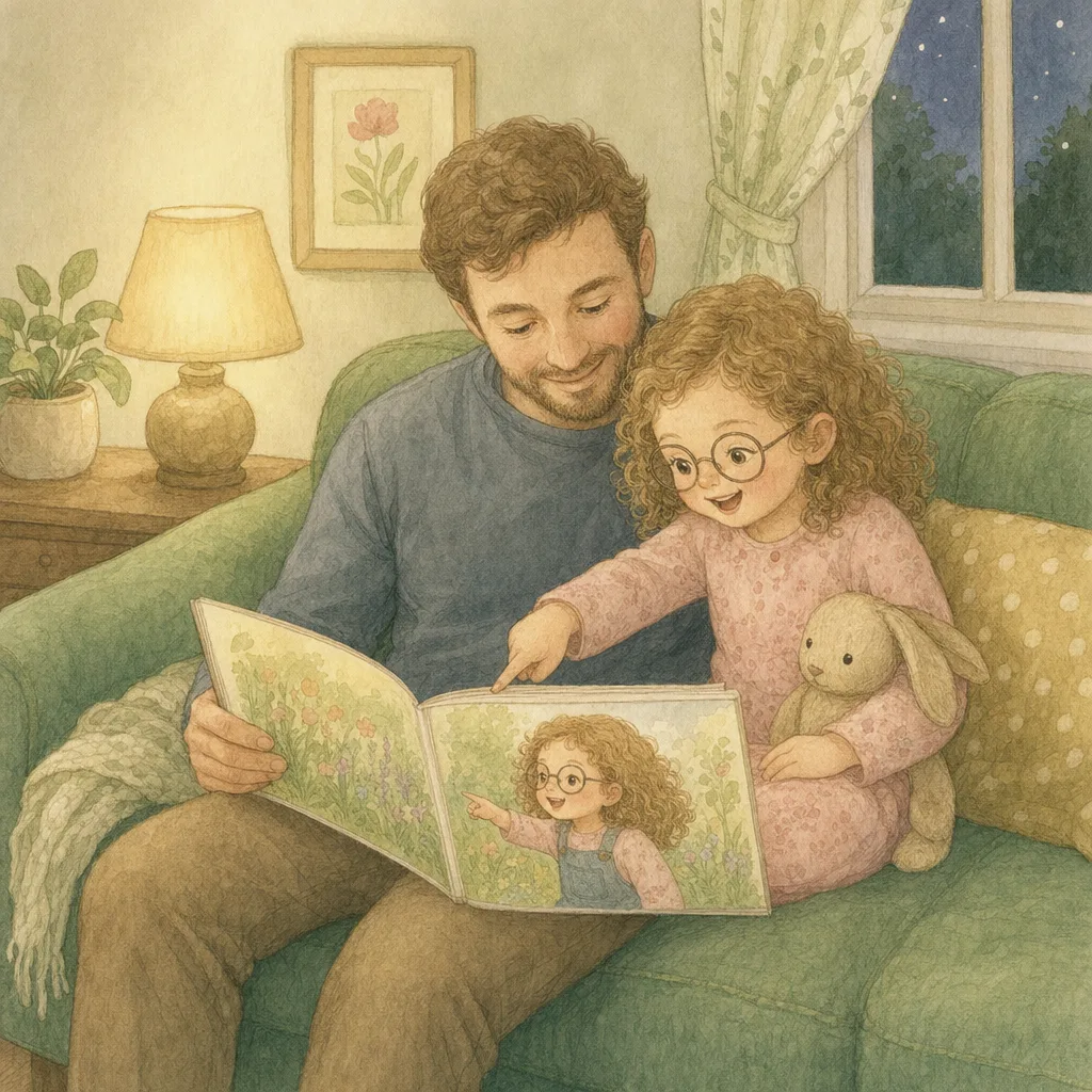 Aquarelillustratie in DroomDruk-stijl: een meisje met krullen en een bril wijst lachend naar zichzelf in een prentenboek terwijl haar vader voorleest