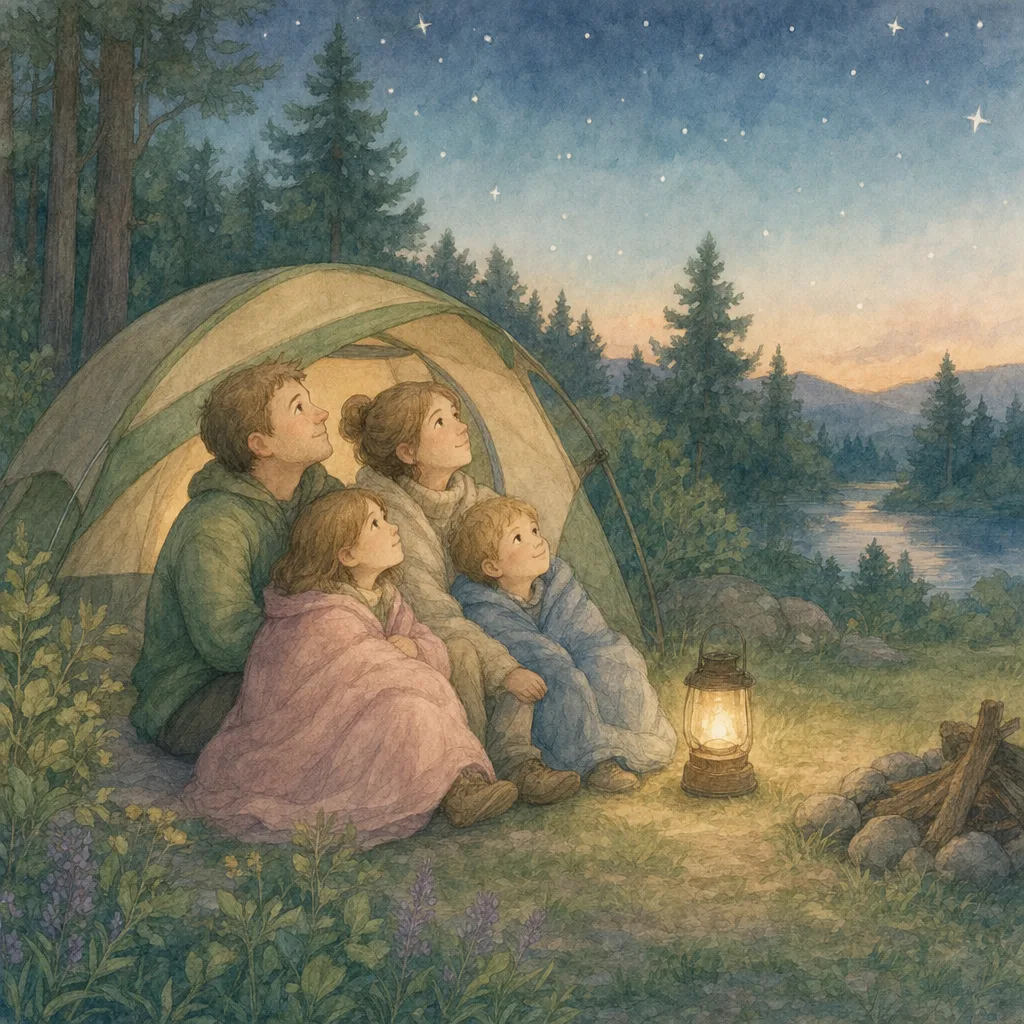 Aquarelillustratie in DroomDruk-stijl: een gezin zit bij een tent op de camping en kijkt samen naar de sterren
