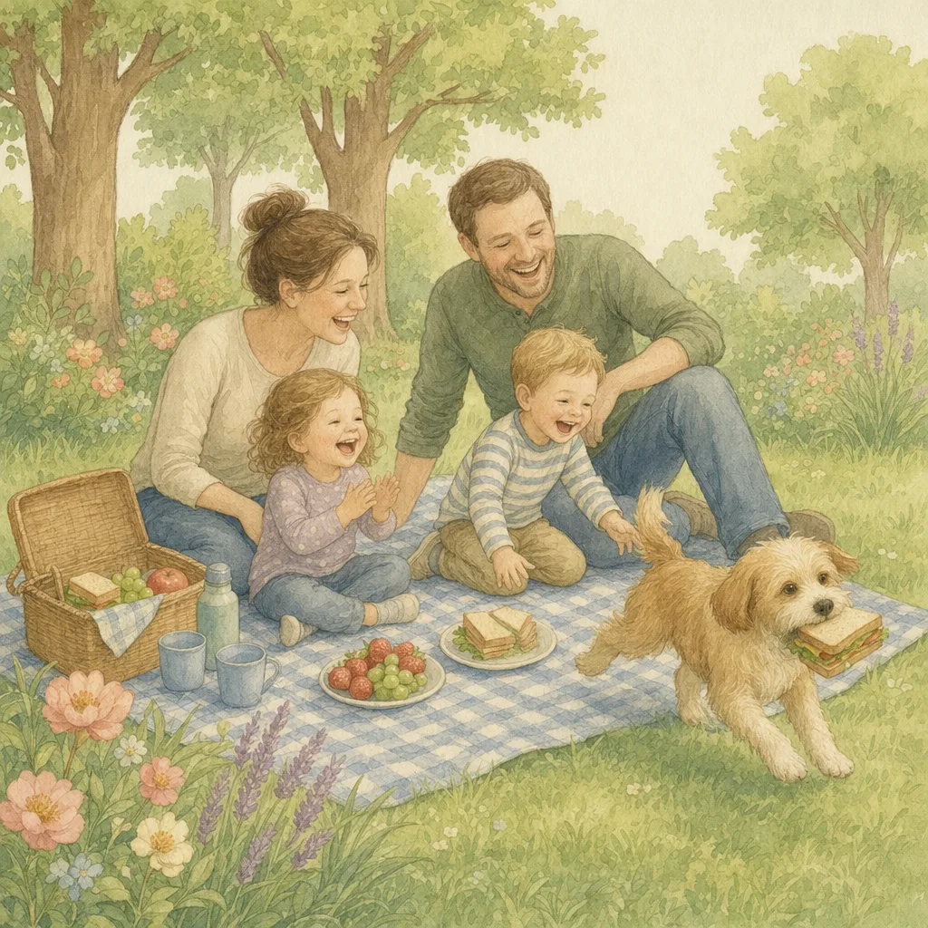 Aquarelillustratie in DroomDruk-stijl: een gezin met twee kinderen en een hond picknickt op een kleed in het park
