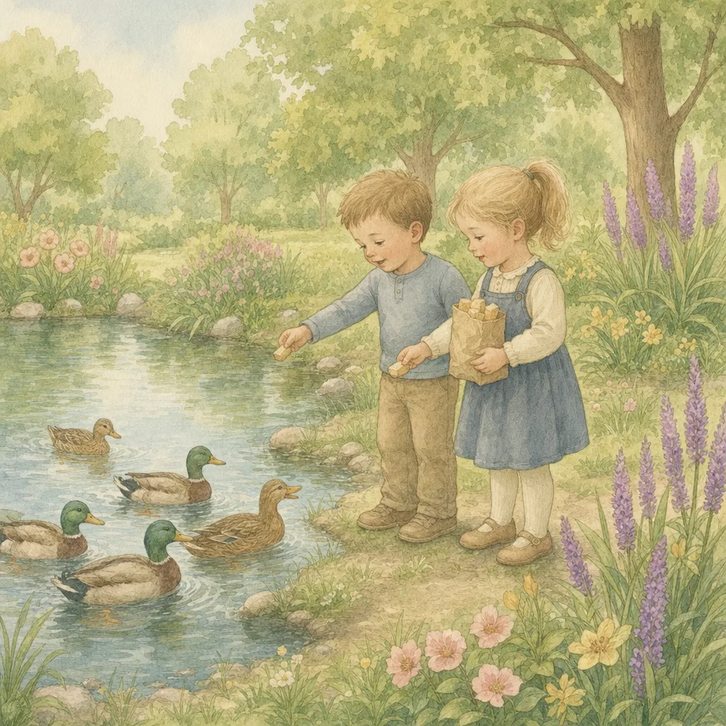 Aquarelillustratie in DroomDruk-stijl: twee kinderen voeren samen eendjes aan de rand van een vijver
