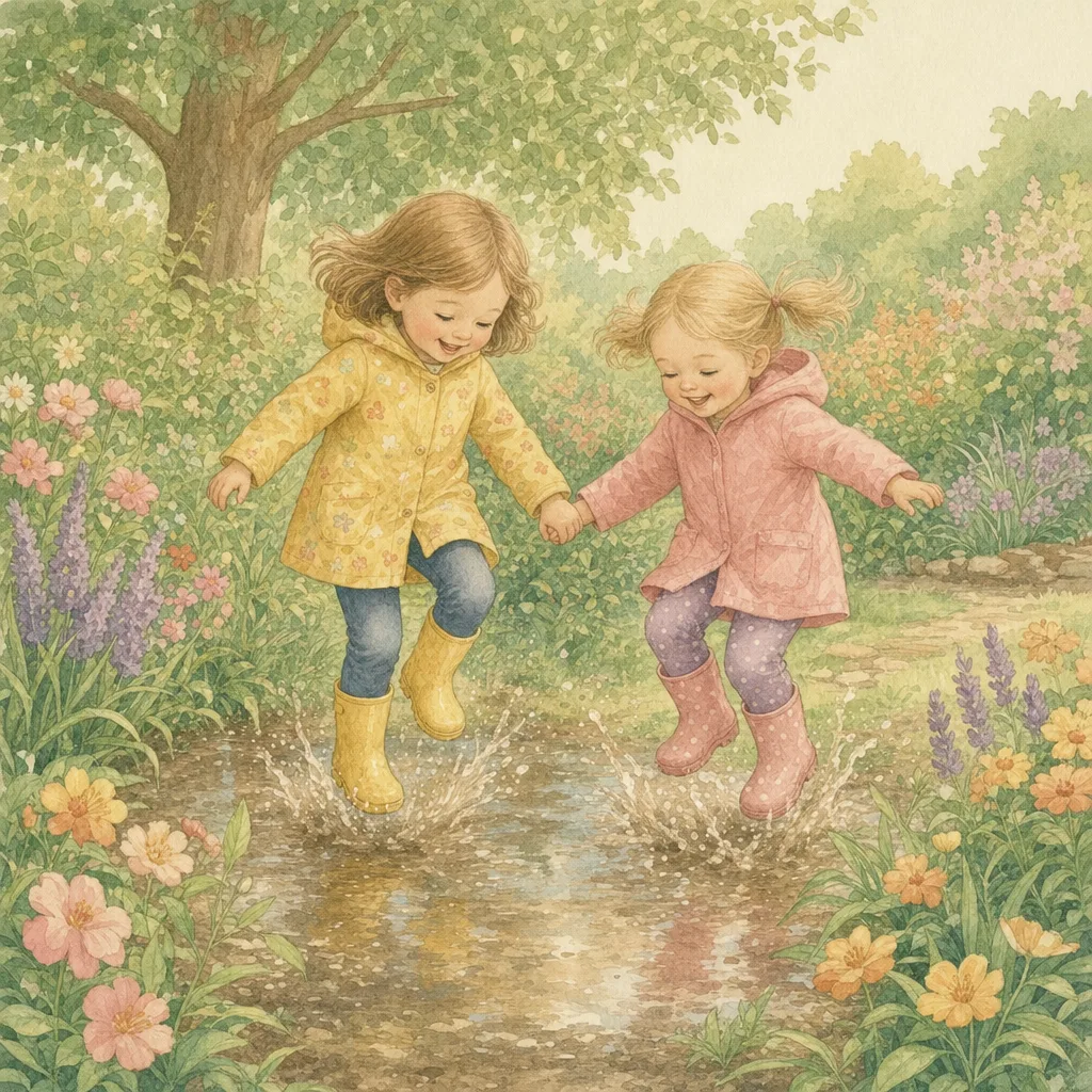 Aquarelillustratie in DroomDruk-stijl: twee kleine zusjes in regenlaarzen springen samen door een plas in de tuin