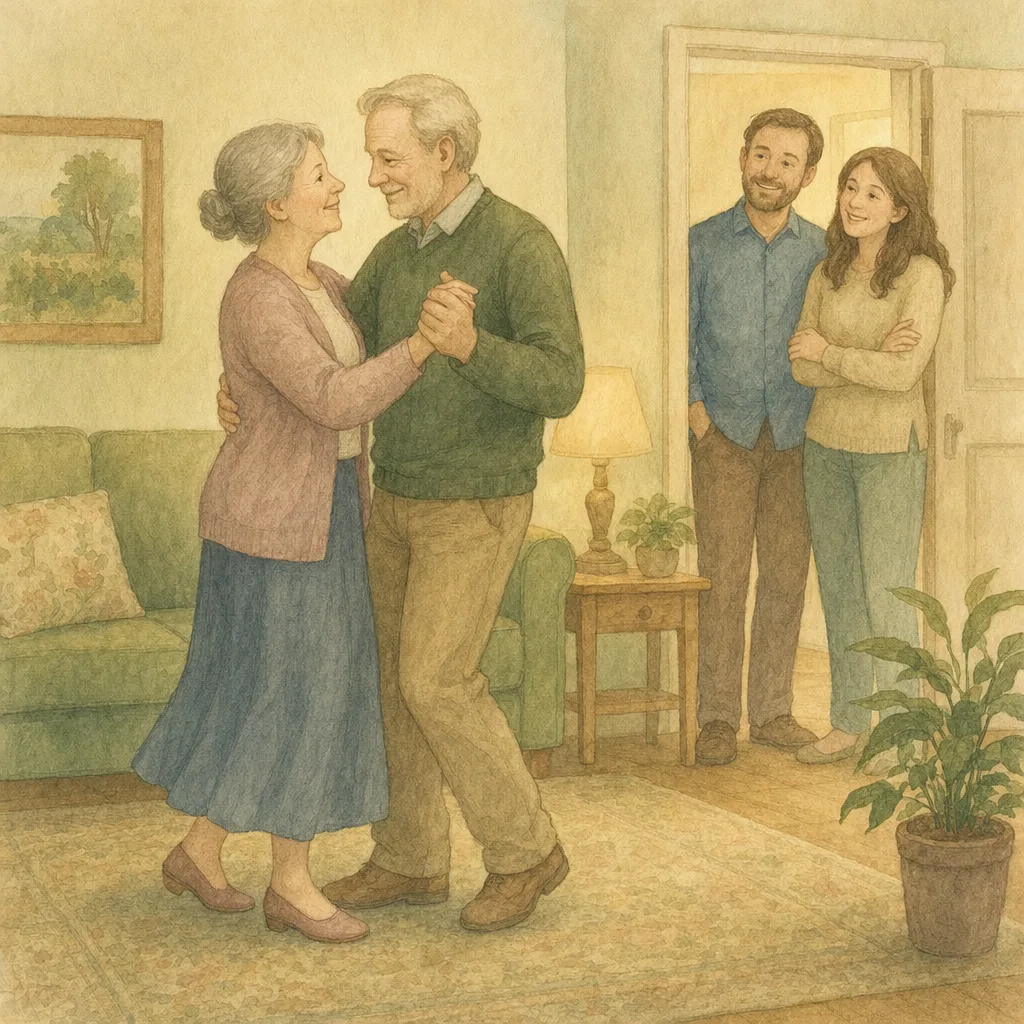 Aquarelillustratie in DroomDruk-stijl: een ouder echtpaar danst samen in de woonkamer, hun volwassen kinderen kijken lachend toe
