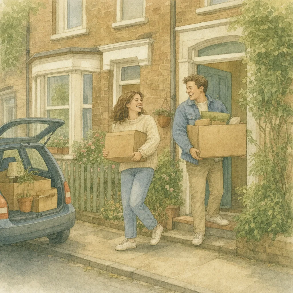 Aquarelillustratie in DroomDruk-stijl: een jong stel draagt verhuisdozen naar hun eerste huisje, een oude auto ervoor