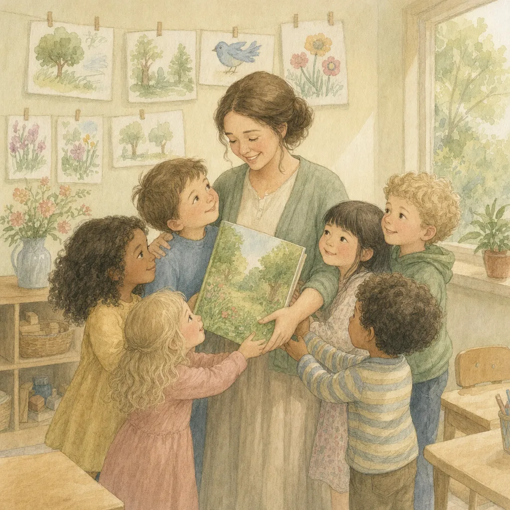 Aquarelillustratie in DroomDruk-stijl: een juf krijgt een boek van haar klas en wordt omringd door knuffelende kinderen