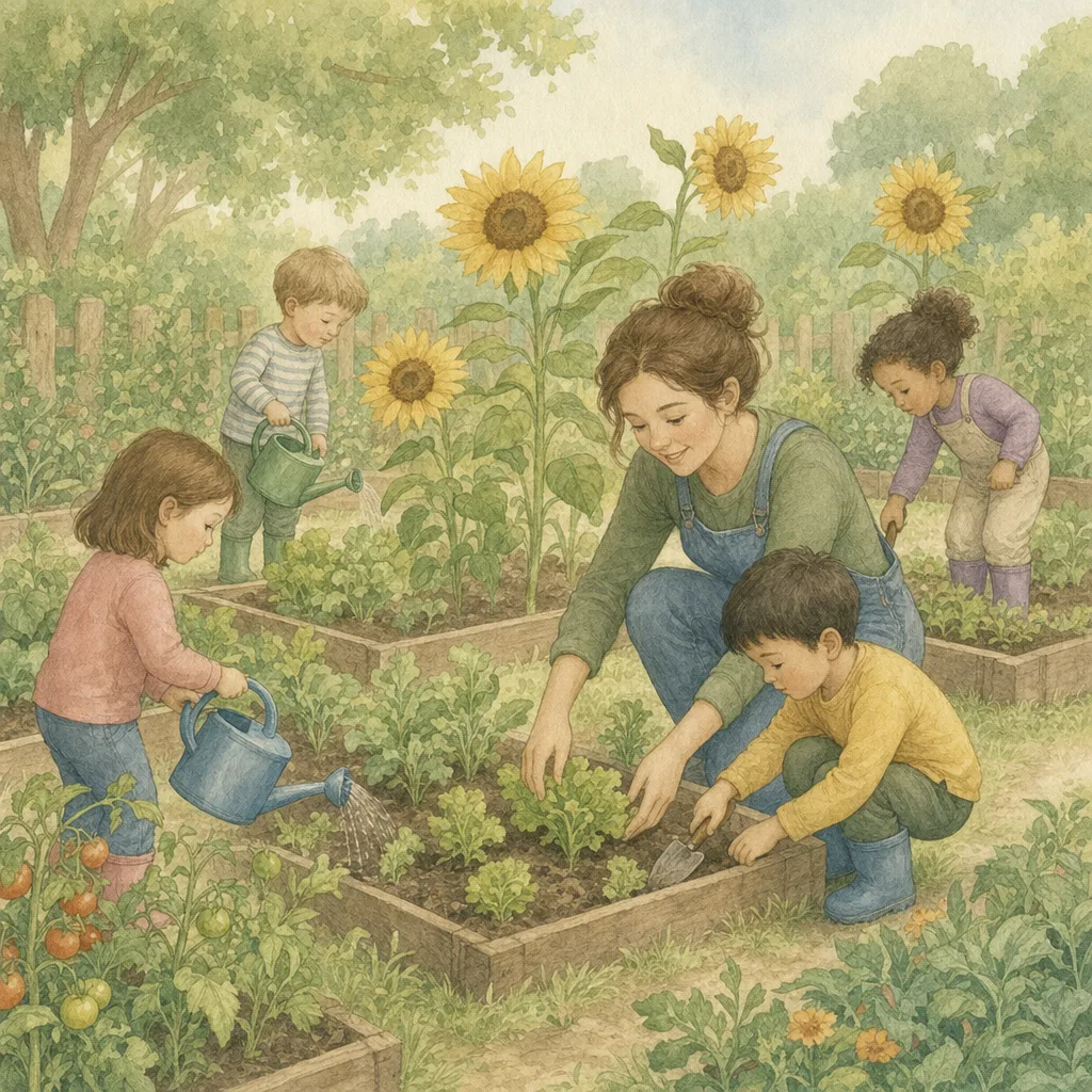 Aquarelillustratie in DroomDruk-stijl: een juf werkt met haar klas in de schoolmoestuin, kinderen met gietertjes