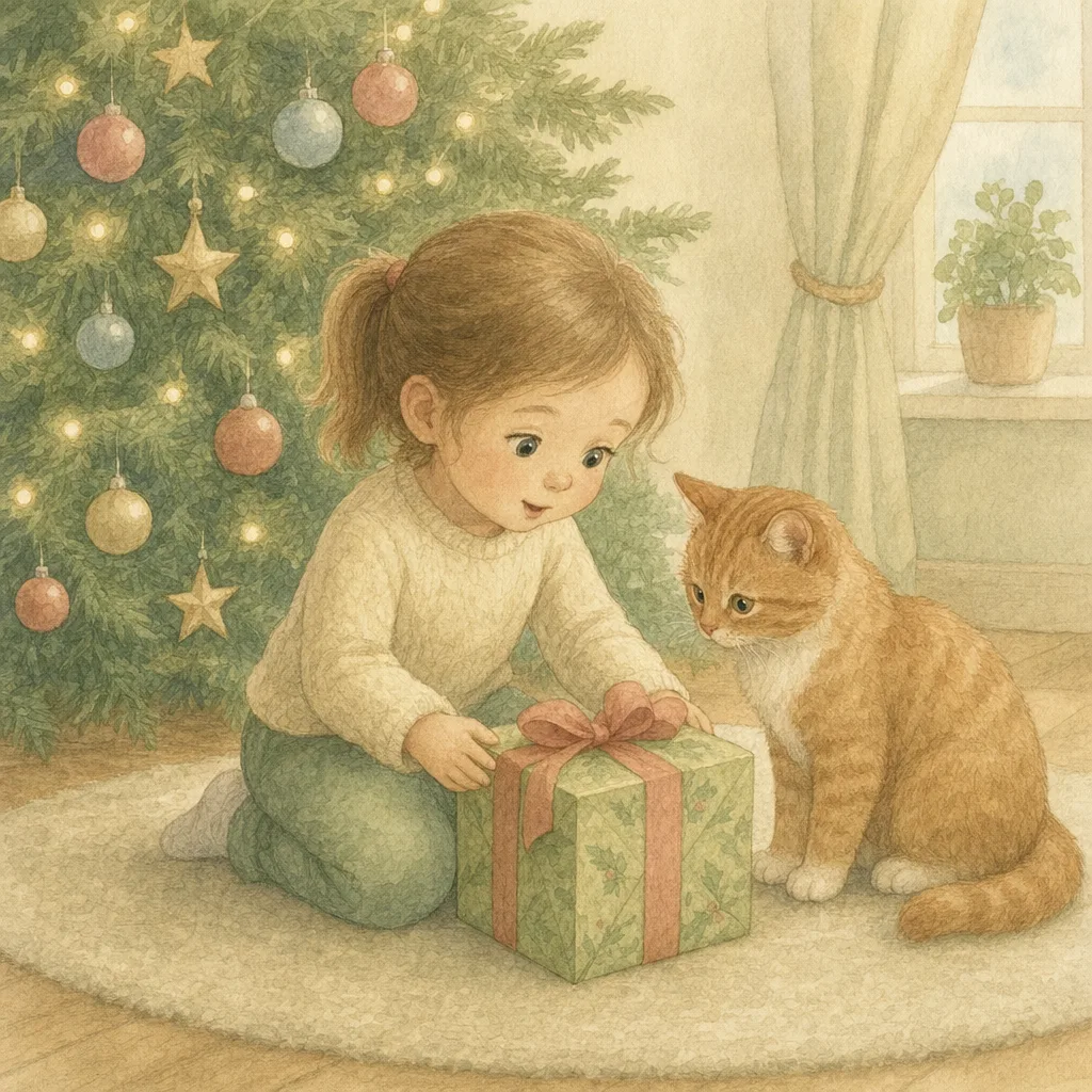 Aquarelillustratie in DroomDruk-stijl: een meisje kijkt met grote ogen naar een pakje onder de kerstboom, haar kat ernaast