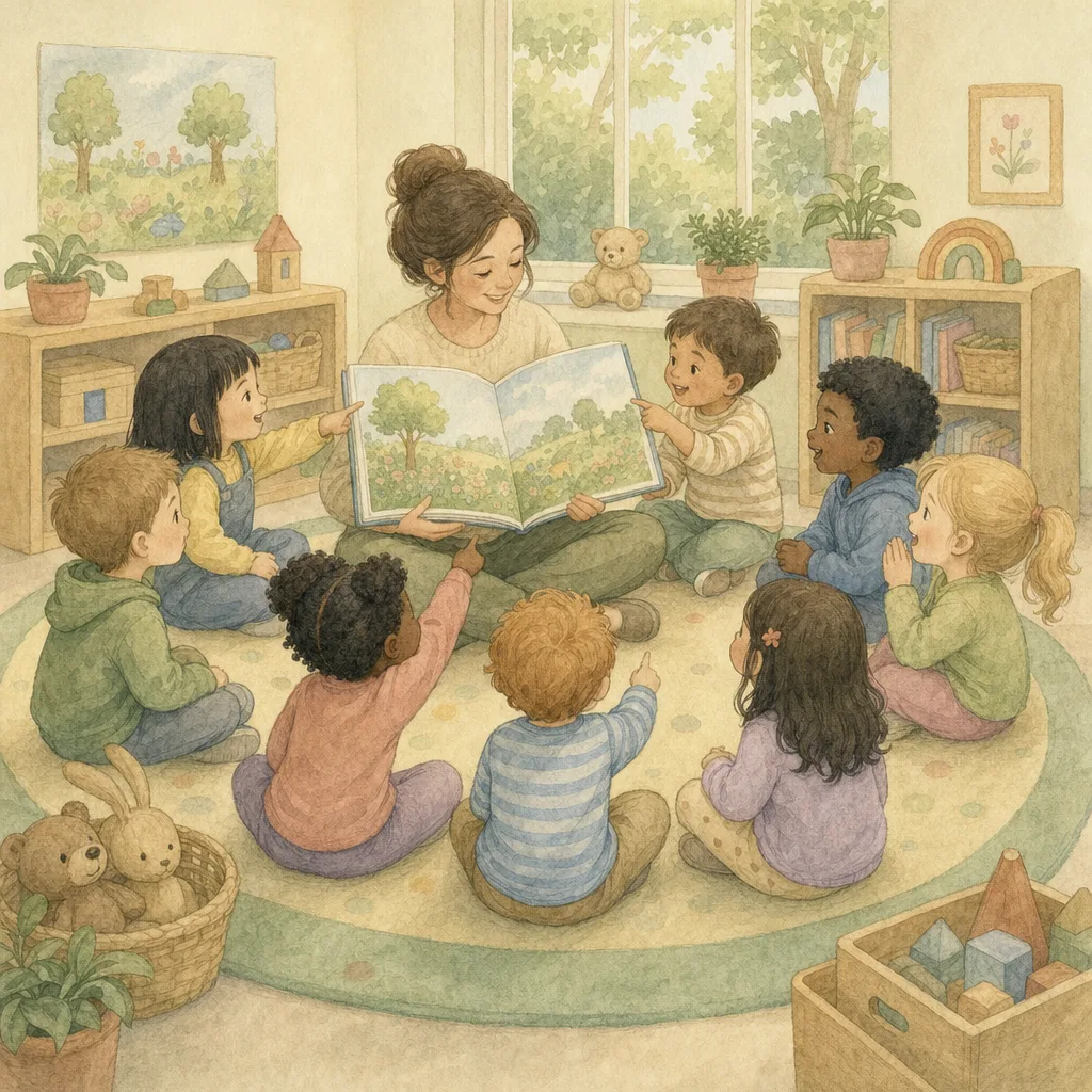 Aquarelillustratie in DroomDruk-stijl: een groep kleuters zit in een kring op het kleed terwijl de juf voorleest uit een groot boek
