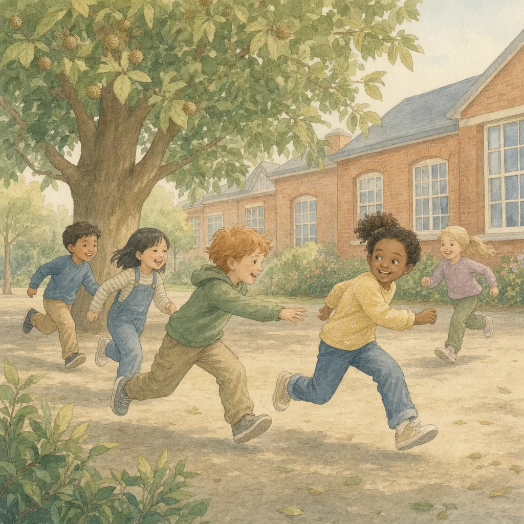 Aquarelillustratie in DroomDruk-stijl: kinderen uit een klas spelen samen tikkertje op het schoolplein onder een grote boom