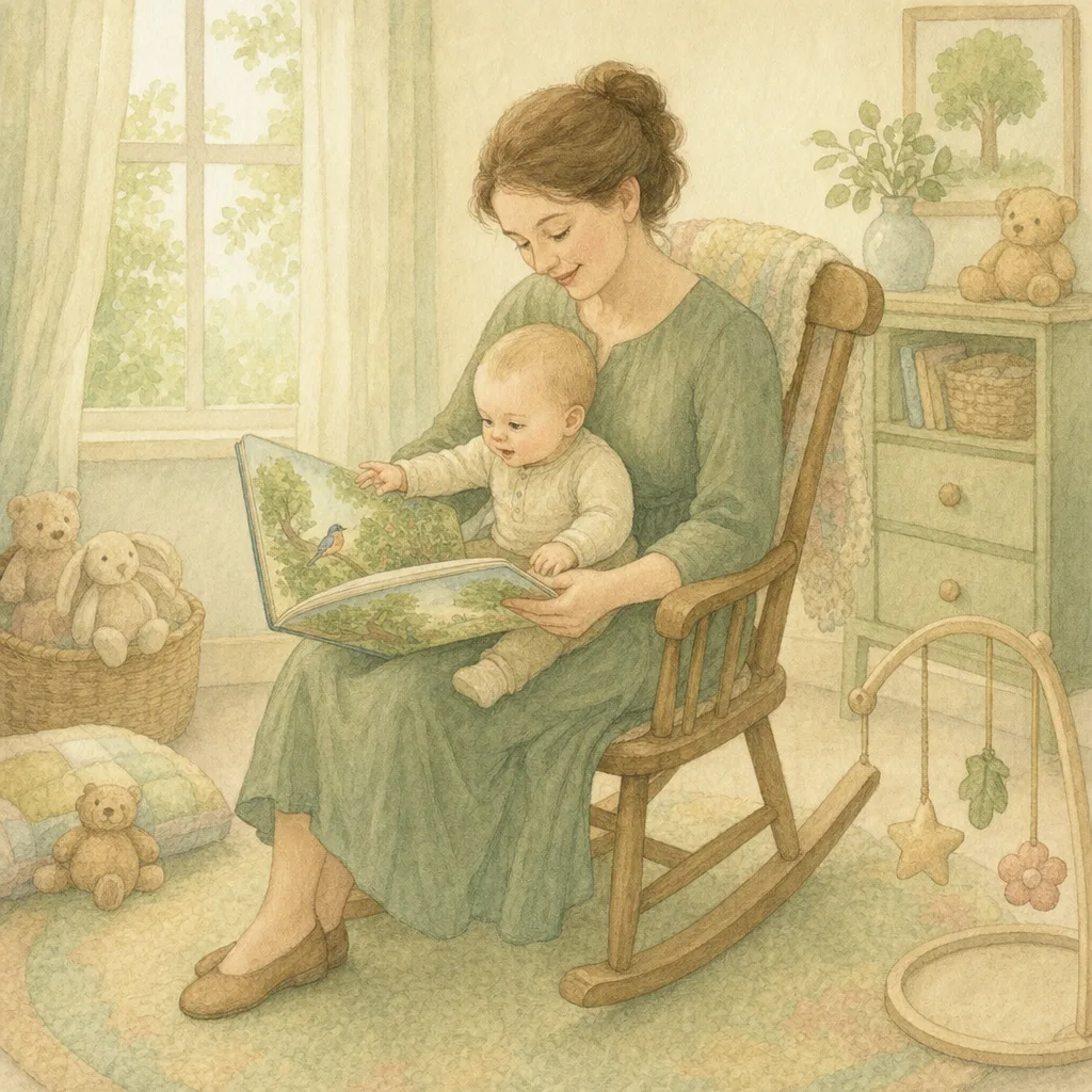 Aquarelillustratie in DroomDruk-stijl: een moeder leest voor aan haar baby op schoot, de baby grijpt naar de bladzijde