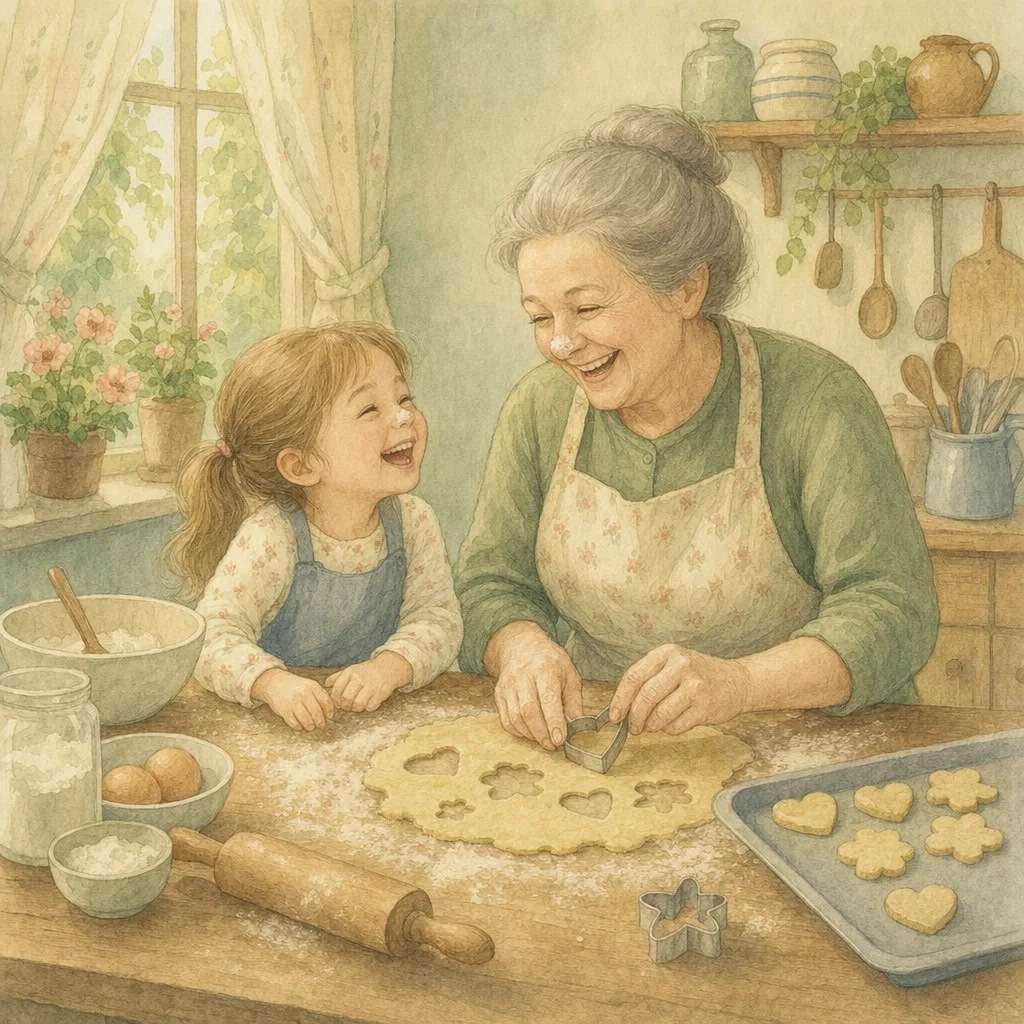 Aquarelillustratie in DroomDruk-stijl: een oma bakt koekjes met haar kleindochter, beiden met meel op hun neus
