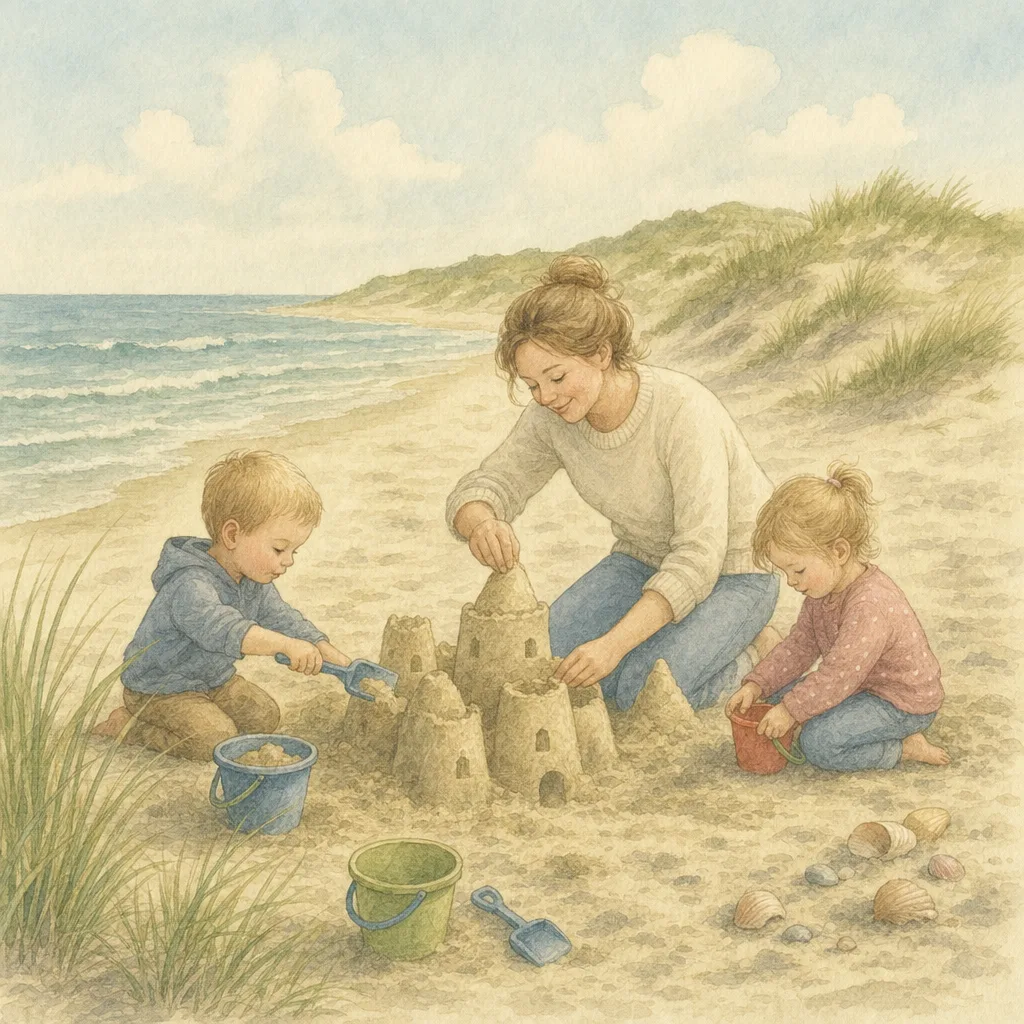 Aquarelillustratie in DroomDruk-stijl: een moeder en haar twee kinderen bouwen samen een zandkasteel op het strand
