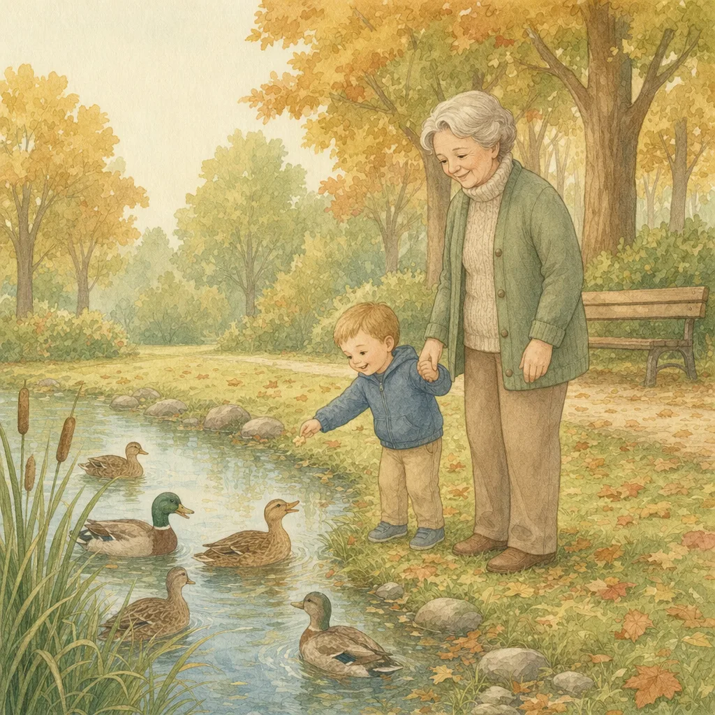 Aquarelillustratie in DroomDruk-stijl: een oma en haar kleinzoon voeren samen eendjes bij een vijver in het park