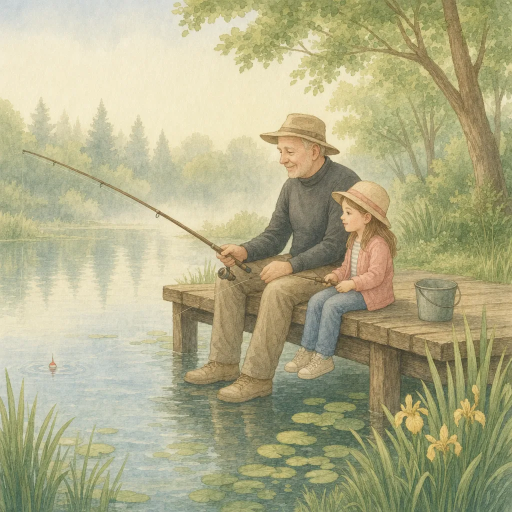 Aquarelillustratie in DroomDruk-stijl: een opa vist met zijn kleindochter vanaf een houten steiger aan het water