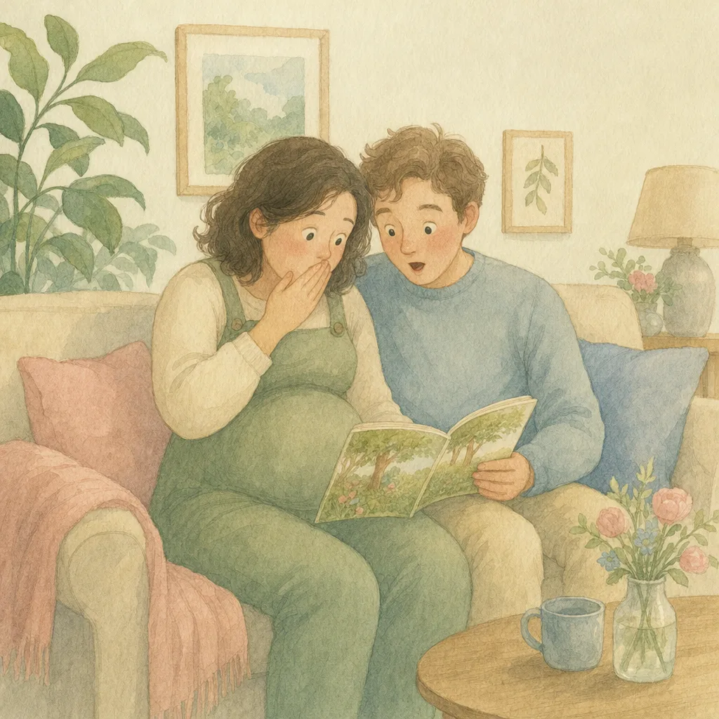 Aquarelillustratie in DroomDruk-stijl: een aanstaand ouderpaar slaat samen de laatste bladzijde van een boek om, verrast en ontroerd