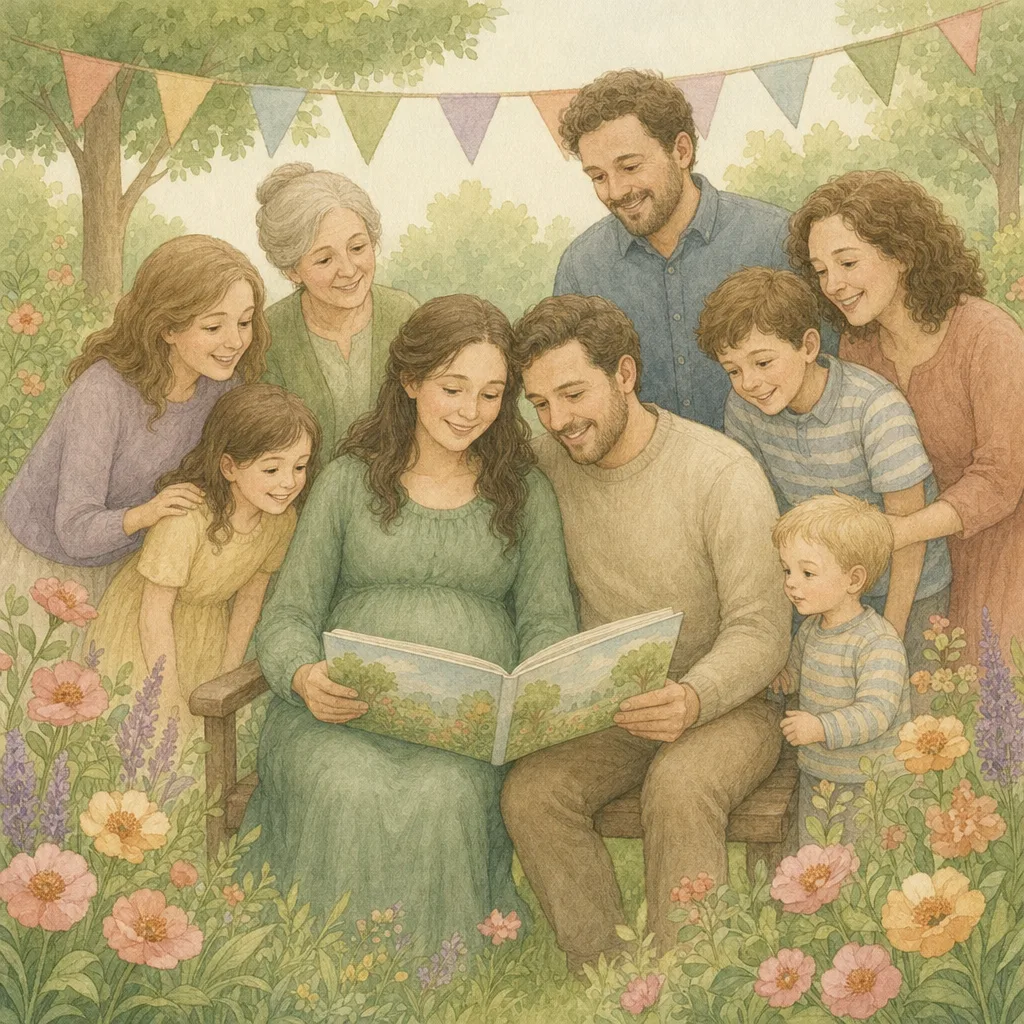 Aquarelillustratie in DroomDruk-stijl: familie en vrienden kijken samen mee over de schouder van een zwangere vrouw die een boek opent