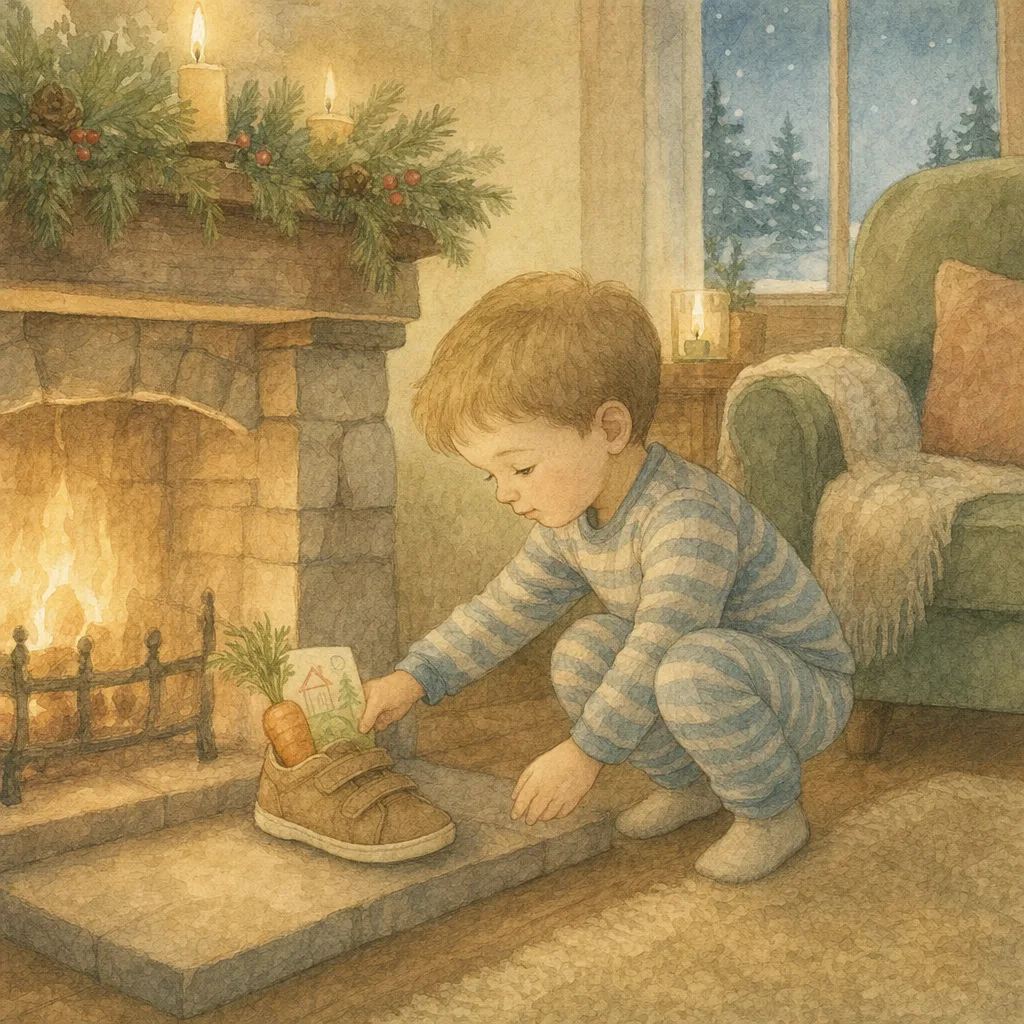 Aquarelillustratie in DroomDruk-stijl: een kind in pyjama zet zijn schoen bij de open haard met een wortel en een tekening erin