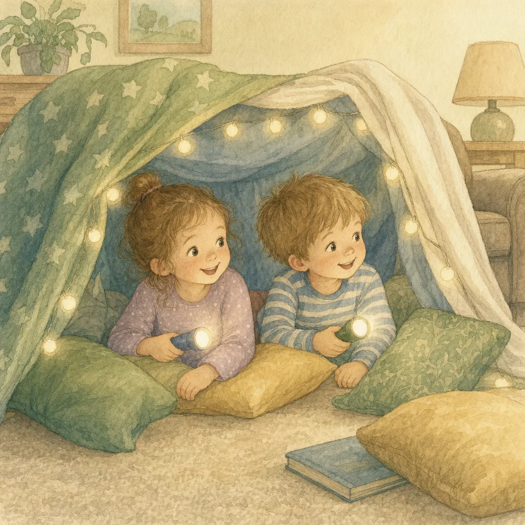 Aquarelillustratie in DroomDruk-stijl: een tweeling, een jongen en een meisje, bouwen samen een hut van dekens in de woonkamer