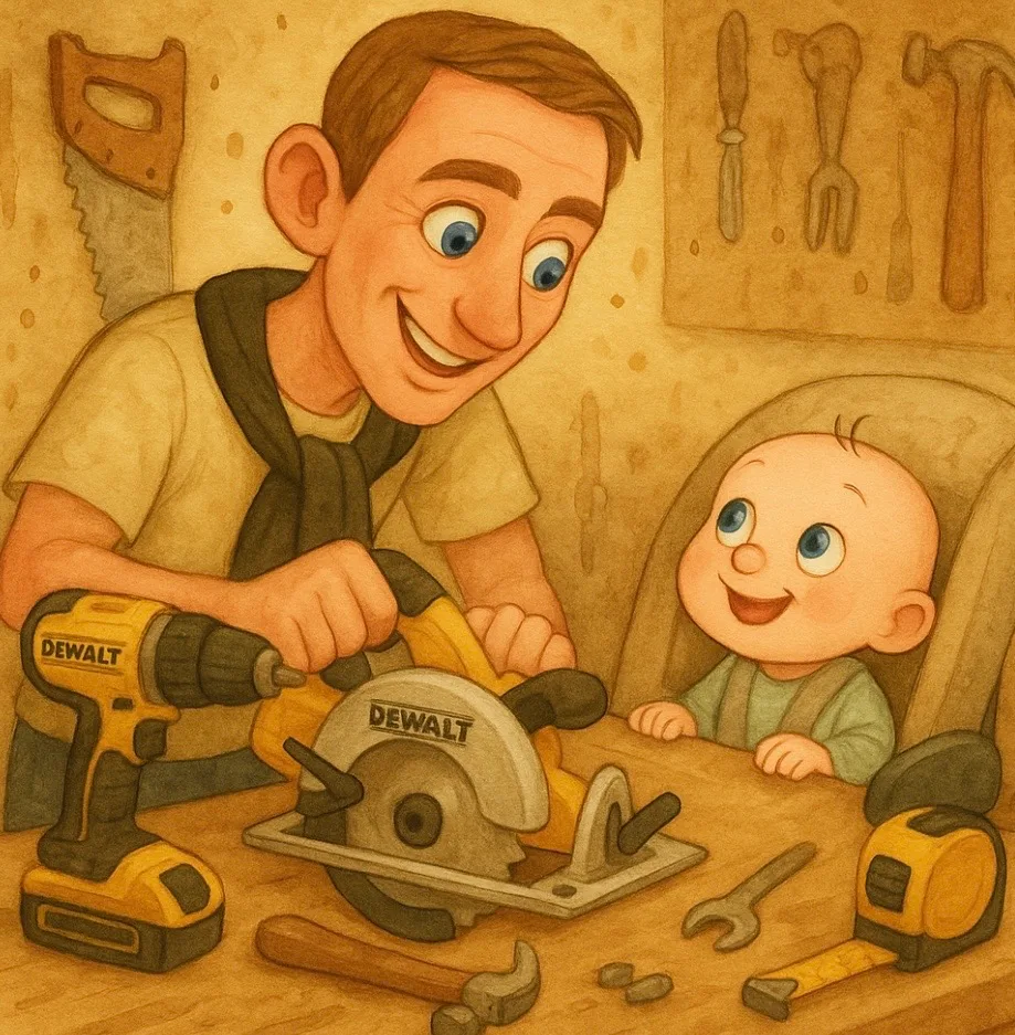 Aquarelscène uit een DroomDruk-boek: papa zaagt aan de werkbank met zijn gele DeWalt-gereedschap terwijl zijn zoontje vanuit de kinderstoel toekijkt