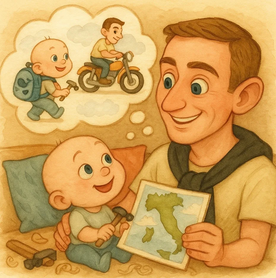 Aquarelscène uit een DroomDruk-boek: papa houdt een kaart van Italië vast en droomt met zijn zoontje over de reis die nog moet komen