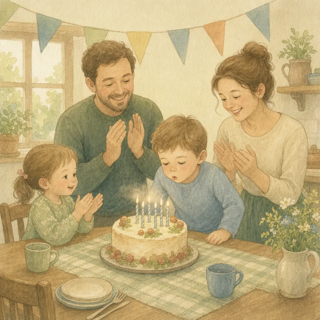 Aquarelillustratie in DroomDruk-stijl: een jongen blaast vijf kaarsjes uit op zijn verjaardagstaart, omringd door zijn familie