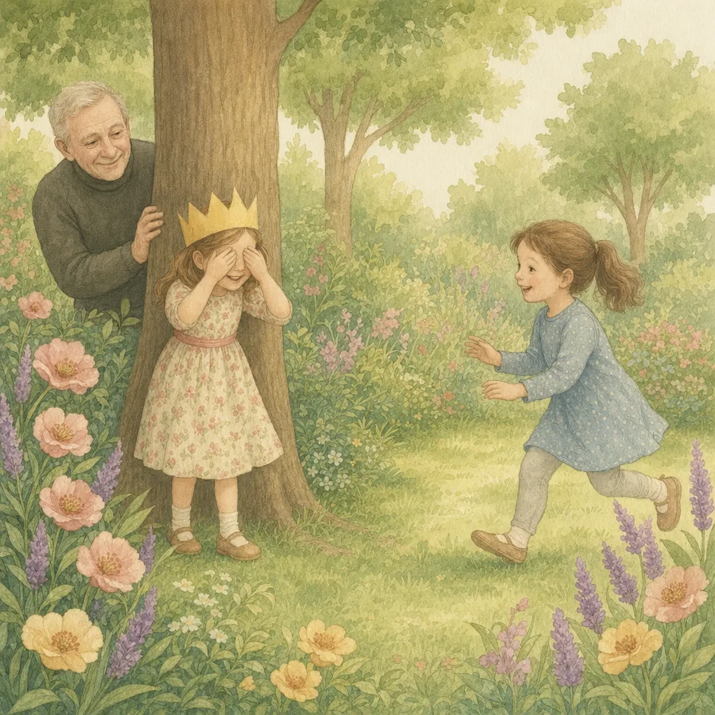 Aquarelillustratie in DroomDruk-stijl: een jarig meisje met een papieren kroon speelt verstoppertje in de tuin met haar beste vriendinnetje en haar opa