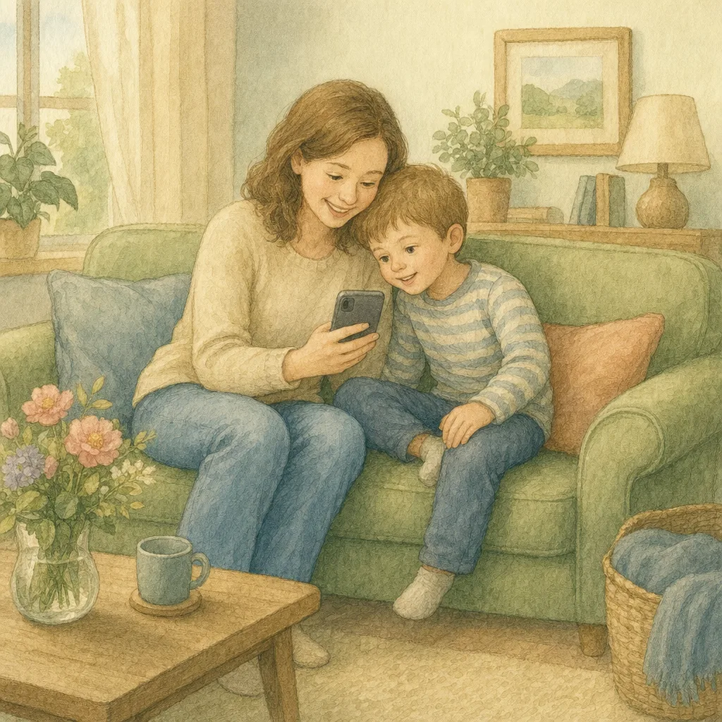 Aquarelillustratie in DroomDruk-stijl: een moeder bekijkt op haar telefoon de cover van het boek van haar zoon, die naast haar meekijkt
