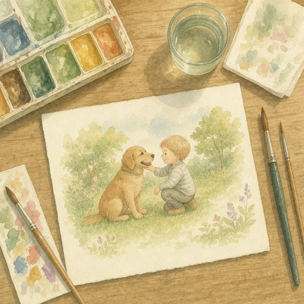 Aquarelillustratie in DroomDruk-stijl: een tekentafel met aquarelverf, penselen en een half geschilderde scène van een kind met een hond