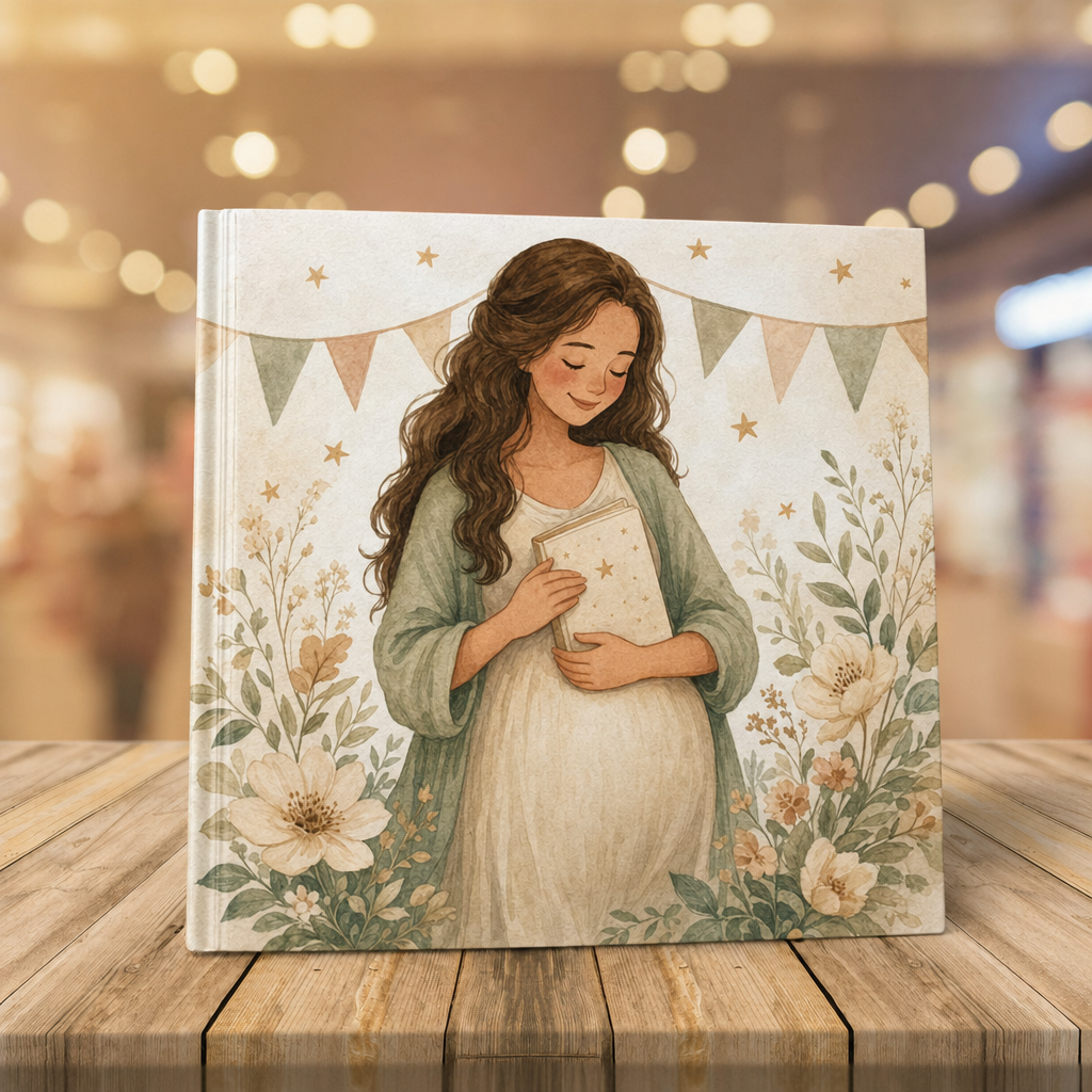 Babyshower cadeau: aquarel-illustratie van een aanstaande moeder met een boek