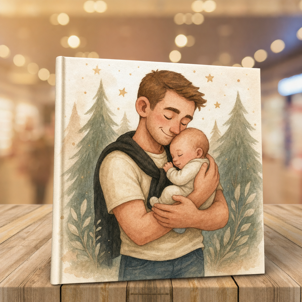 Eerste Vaderdag: aquarel-illustratie van een vader met zijn baby