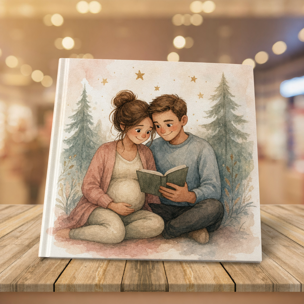 Gender reveal boek: aquarel-illustratie van aanstaande ouders met een boek