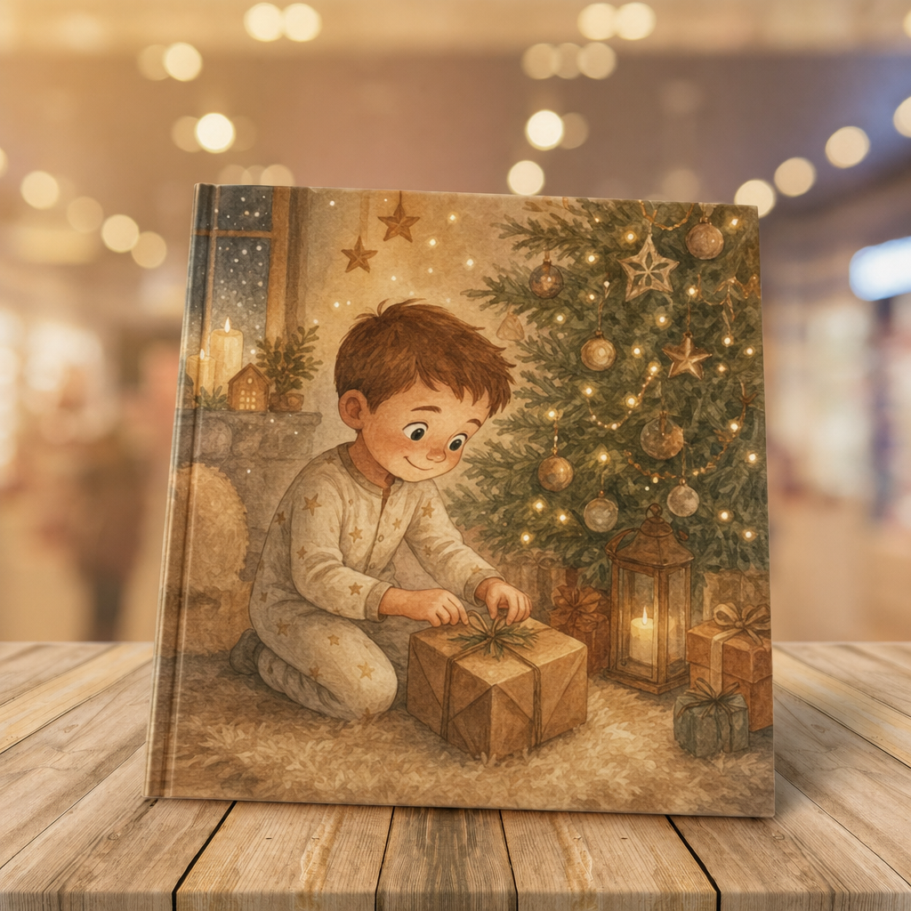 Kerstcadeau: warme aquarel-illustratie van een kind bij de kerstboom