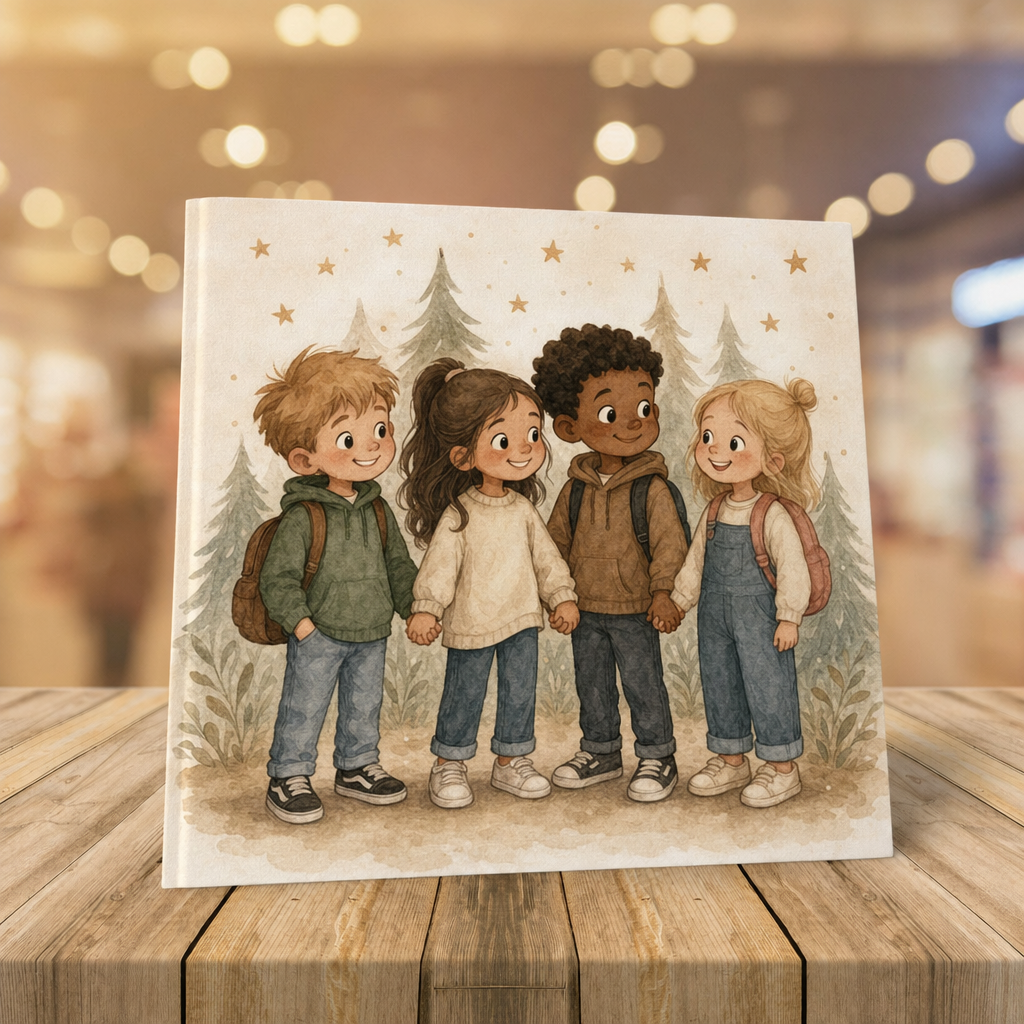 Klasboek: warme aquarel-illustratie van een groepje kinderen samen