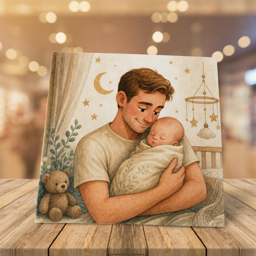 Gepersonaliseerd kraamcadeau: aquarel-illustratie van een volwassene met een baby