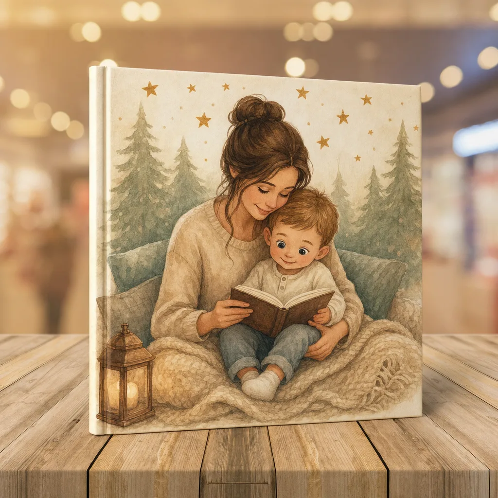 Moederdag-boek: aquarel-illustratie van een moeder met haar kinderen