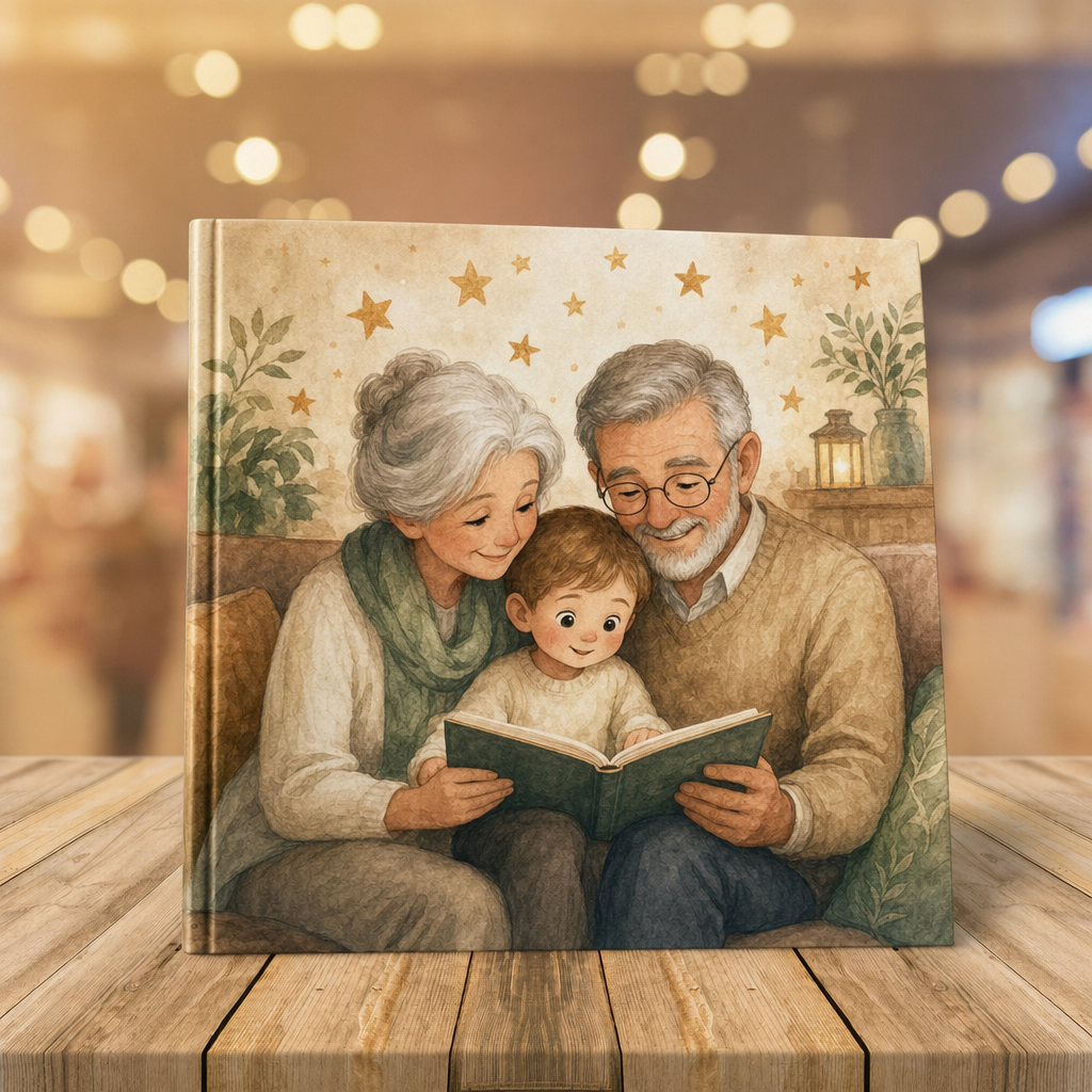 Opa en oma boek: aquarel-illustratie van grootouders met een kleinkind
